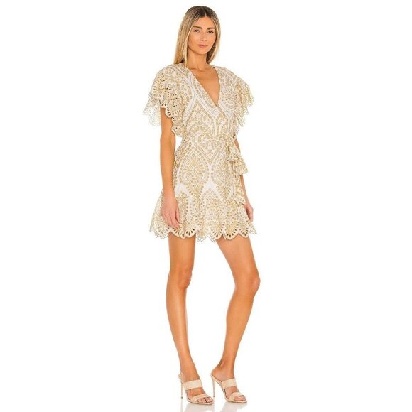 MINKPINK Whilma Wrap Mini Dress in Yellow Small New Eyelet - Picture 4 of 11